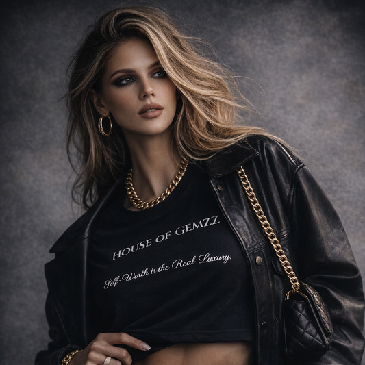 Woman wearing a black jacket and crop top with 'House of Gemzz' text, standing against a gray background. House of Gemzz