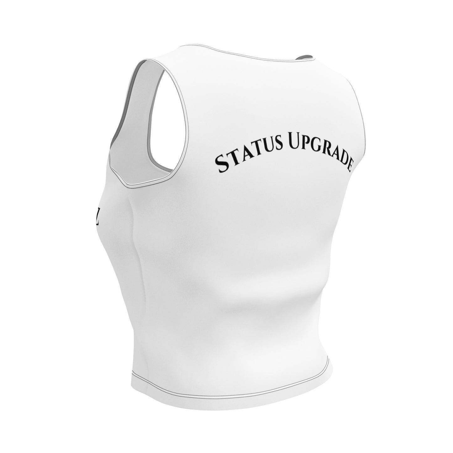 White tank top with 'STATUS UPGRADE' text on a white background