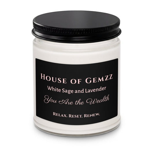 House of Gemzz White Sage and Lavender You Are the Wealth 9 oz soy candle front product view