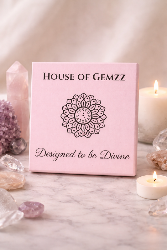Pink canvas with 'House of Gemzz' branded canvas with positive affirmation on a marble surface with candles and crystals.