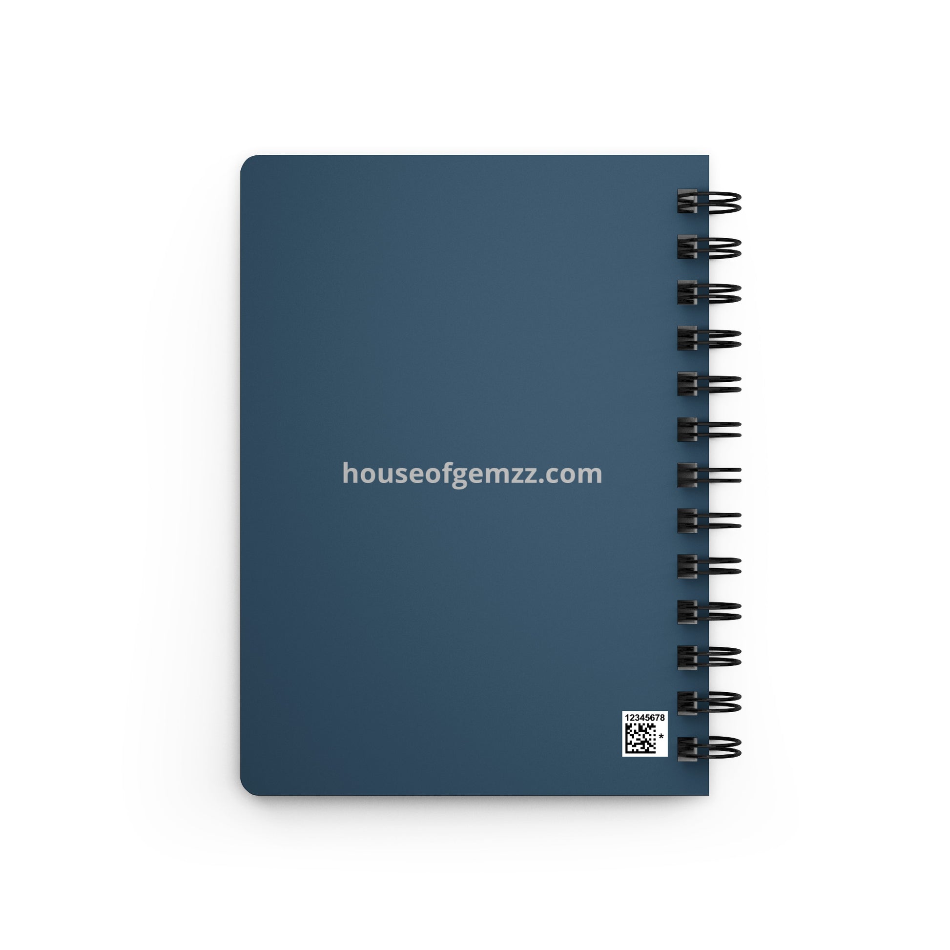 Blue notebook with spiral binding on a white background, featuring 'houseofgemzz.com' branding.