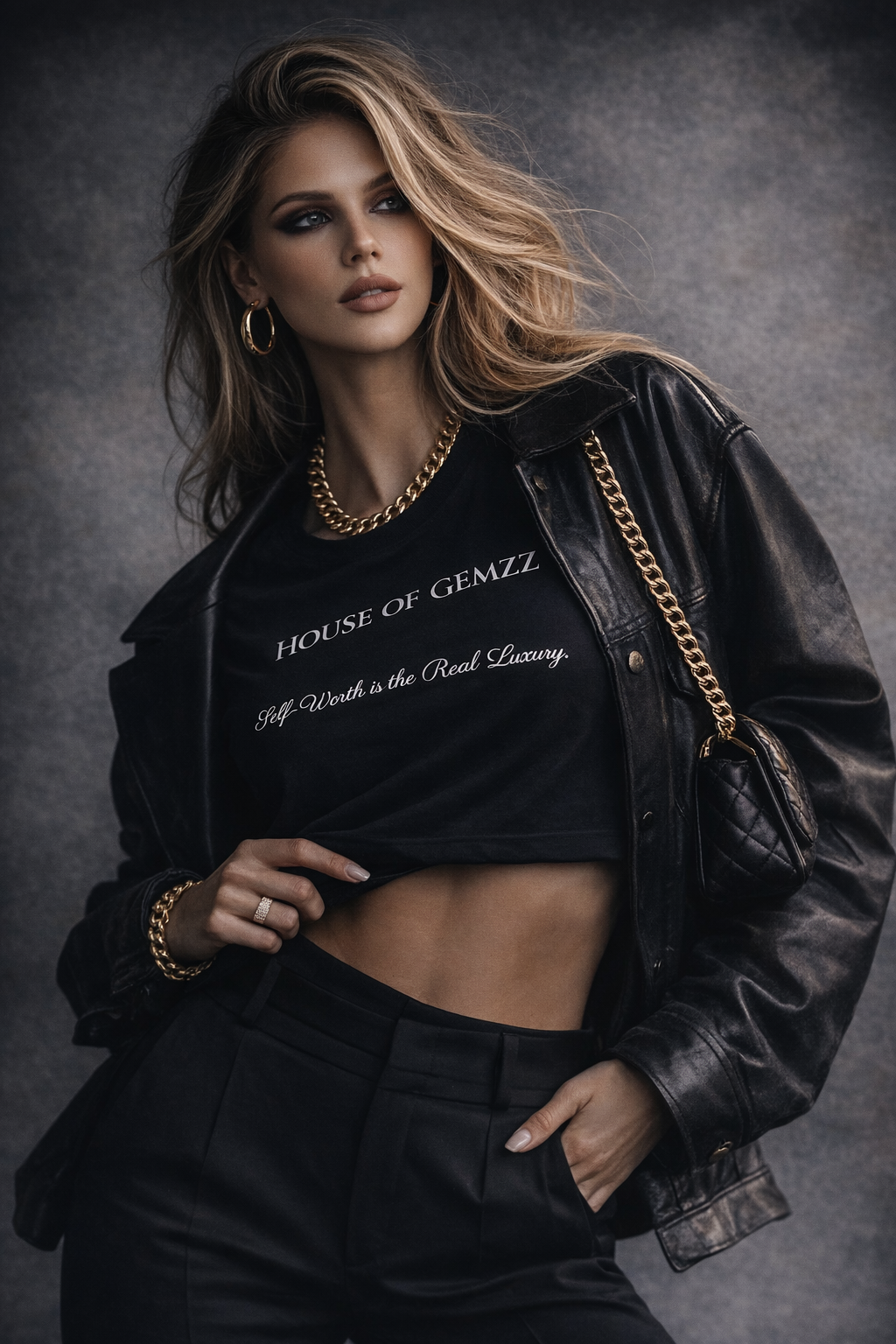 Woman wearing a black jacket and crop top with 'House of Gemzz' text, standing against a gray  background. House of Gemzz