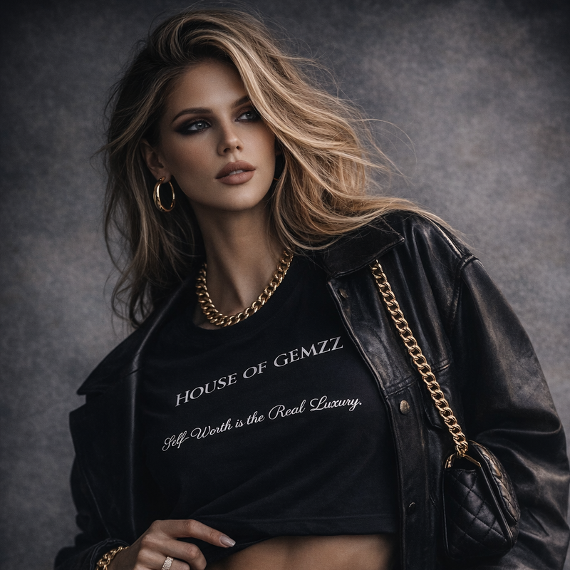 Woman wearing a black jacket and crop top with 'House of Gemzz' text, standing against a gray  background. House of Gemzz