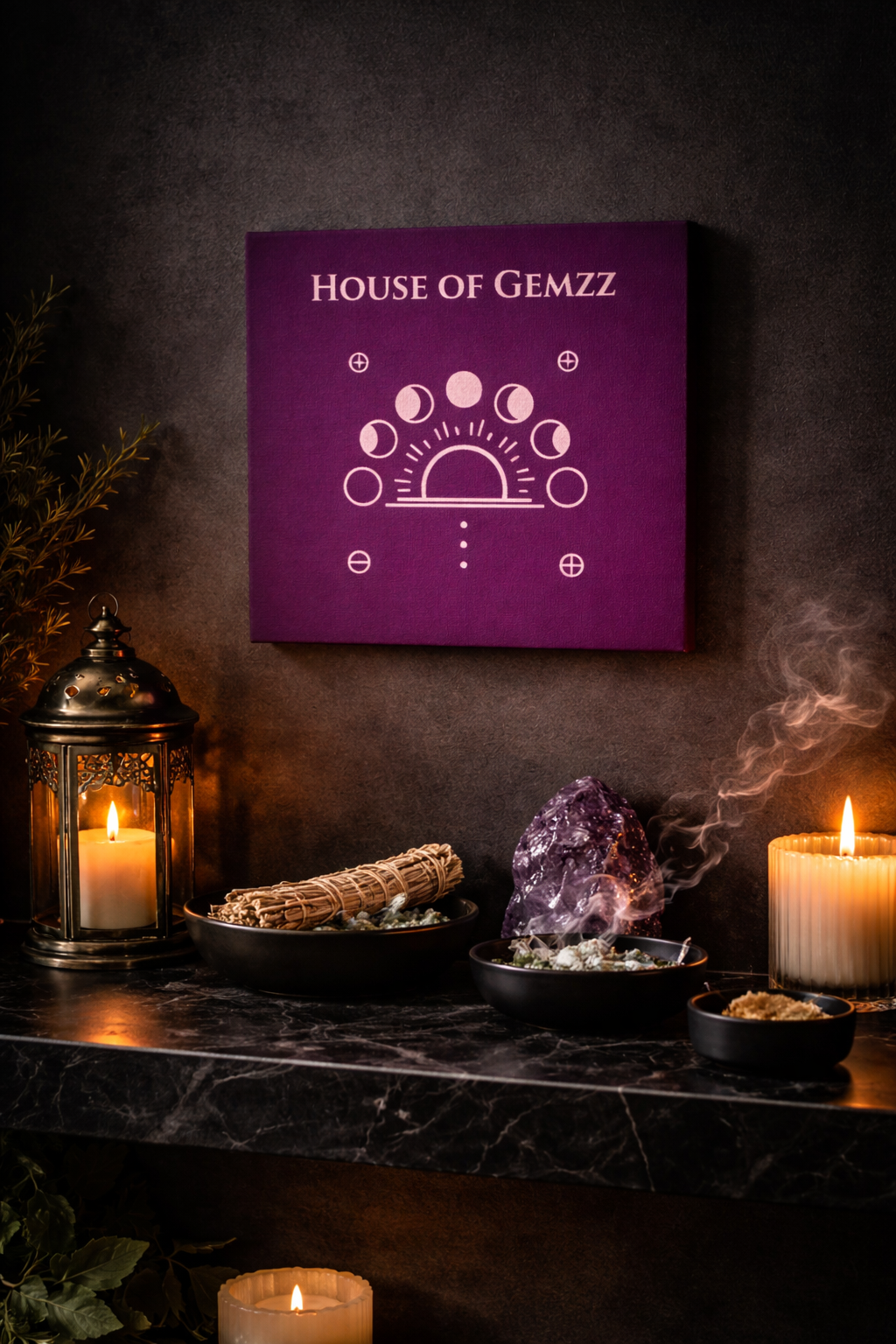 Decorative setup with candles, amethyst crystal, and 'House of Gemzz' sign on a dark background