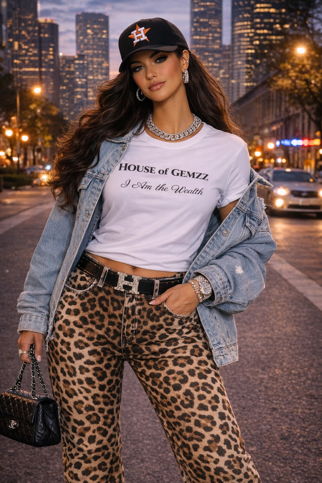 Woman in a city street wearing a white t-shirt with text, leopard print pants, and denim jacket.