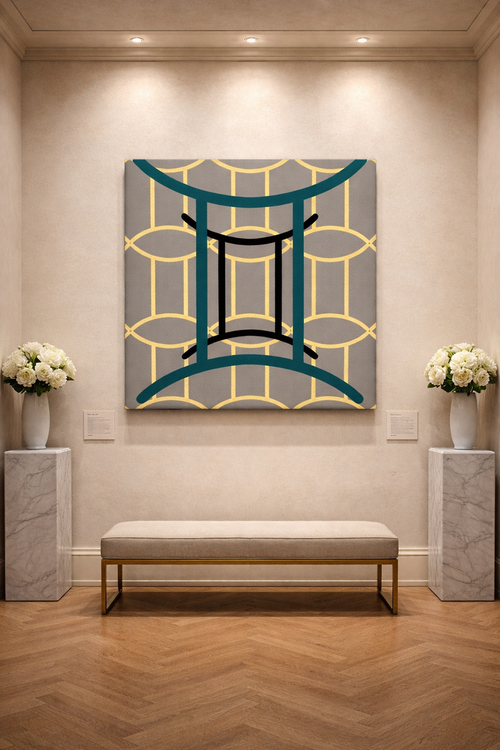 Modern interior with abstract wall art, bench, and floral arrangements.
