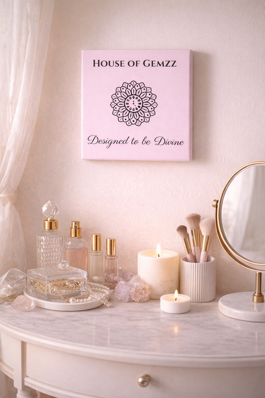 Pink 'House of Gemzz' sign on a vanity with decorative items.