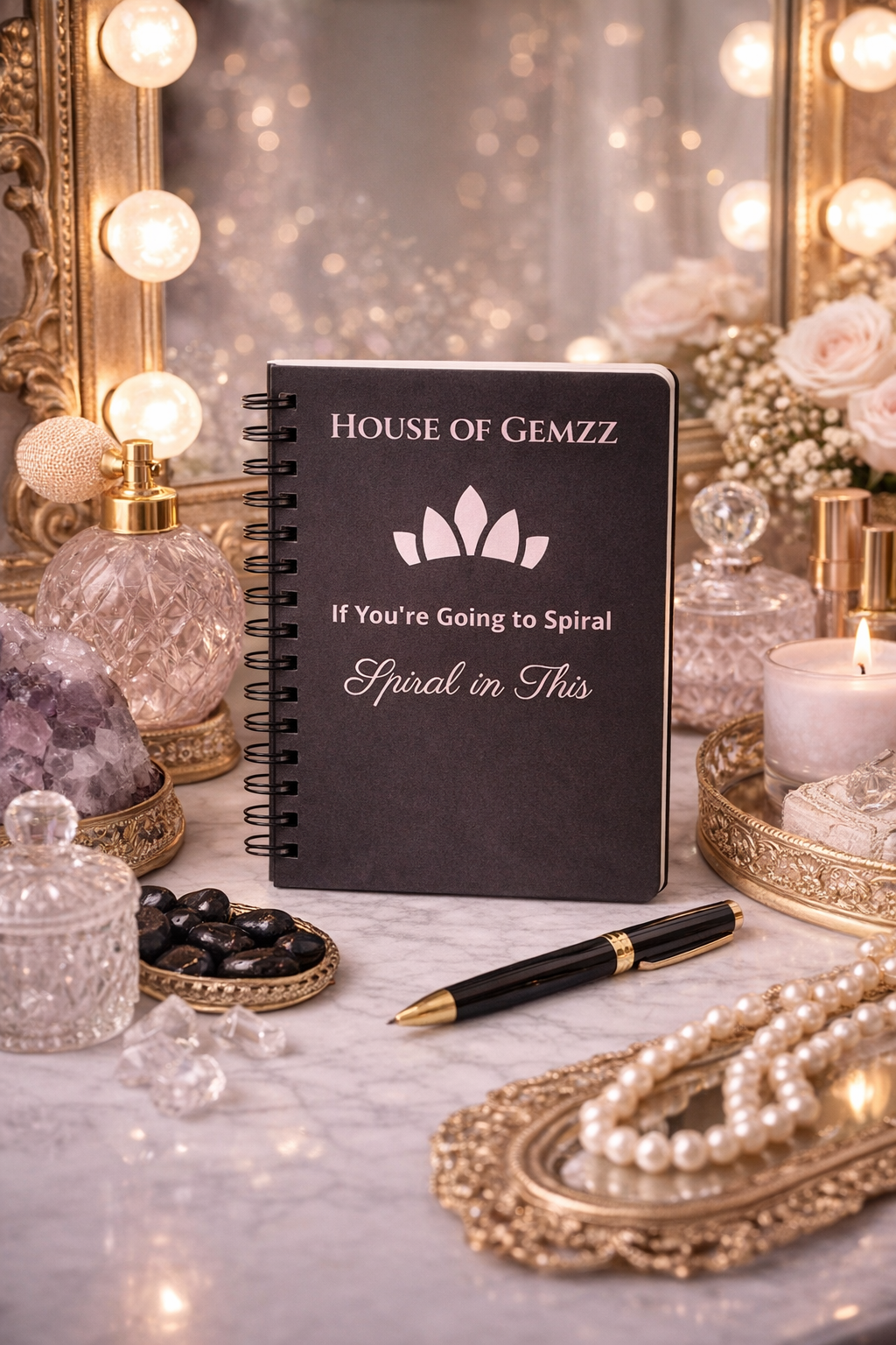 House of Gemzz black spiral journal with pastel blush crown design displayed on a luxury vanity with lights, perfume bottles, pearls, and gold decor, 