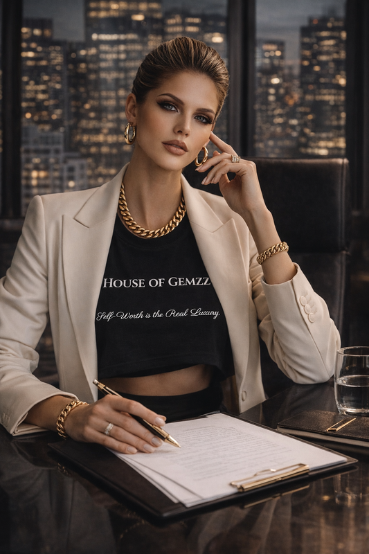 Woman in a stylish outfit with 'House of Gemzz' top, sitting at a table with a cityscape background.