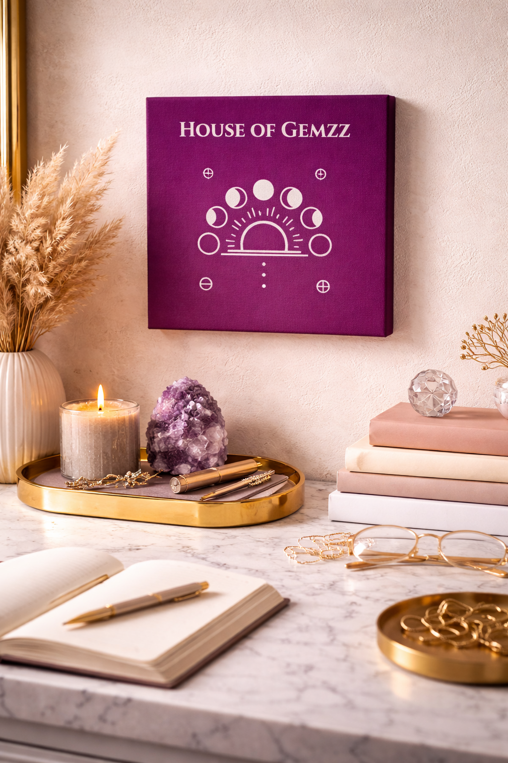 Decorative setup with 'House of Gemzz' sign on a wall above a marble surface with books, candles, and decor items.