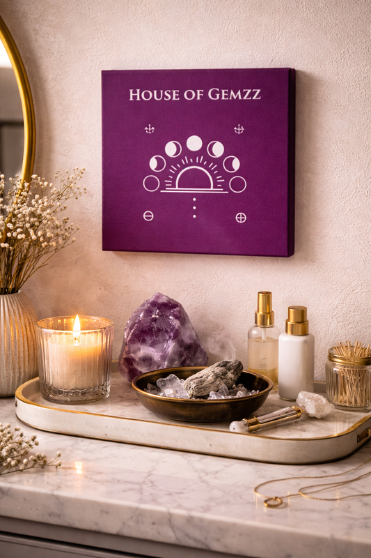 Decorative setup with 'House of Gemzz' sign, candles, crystals, and amethyst on a marble surface.