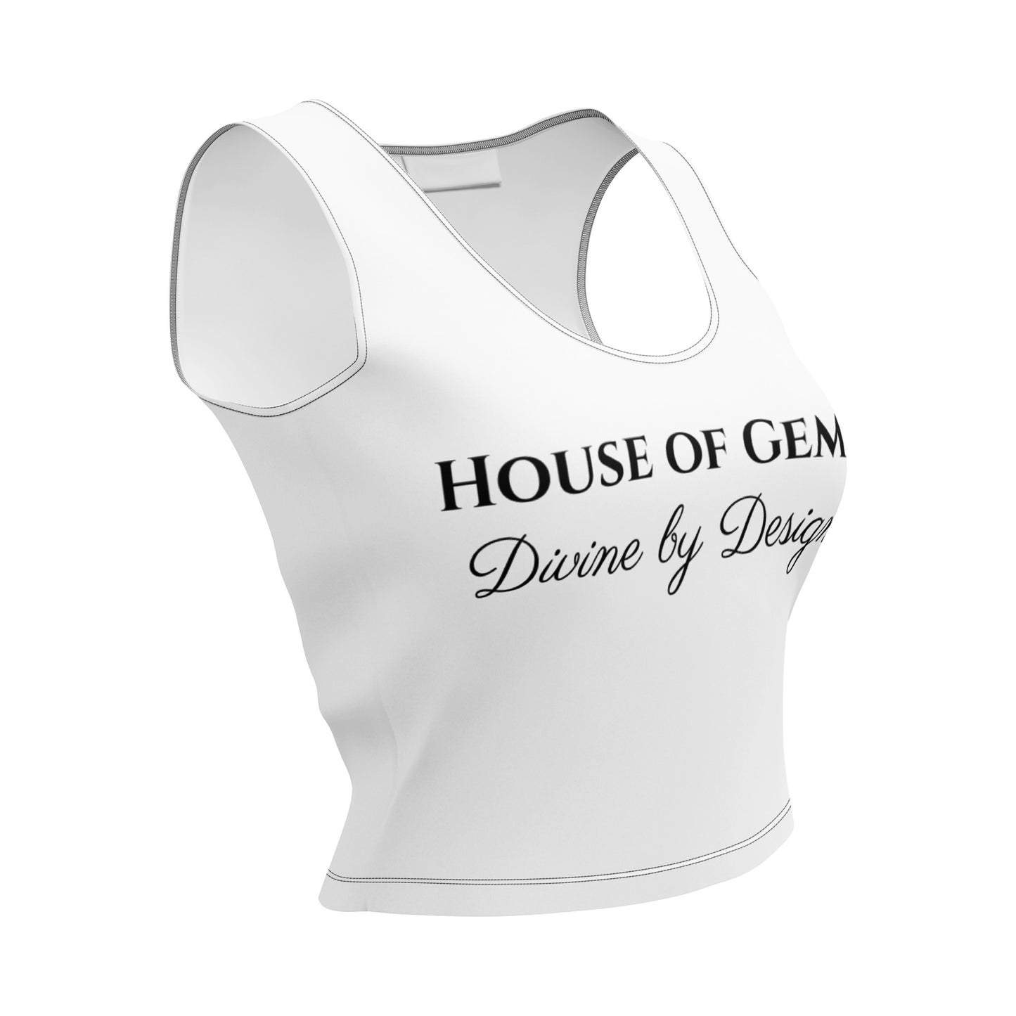 White tank top with 'House of Gems' text on a white background