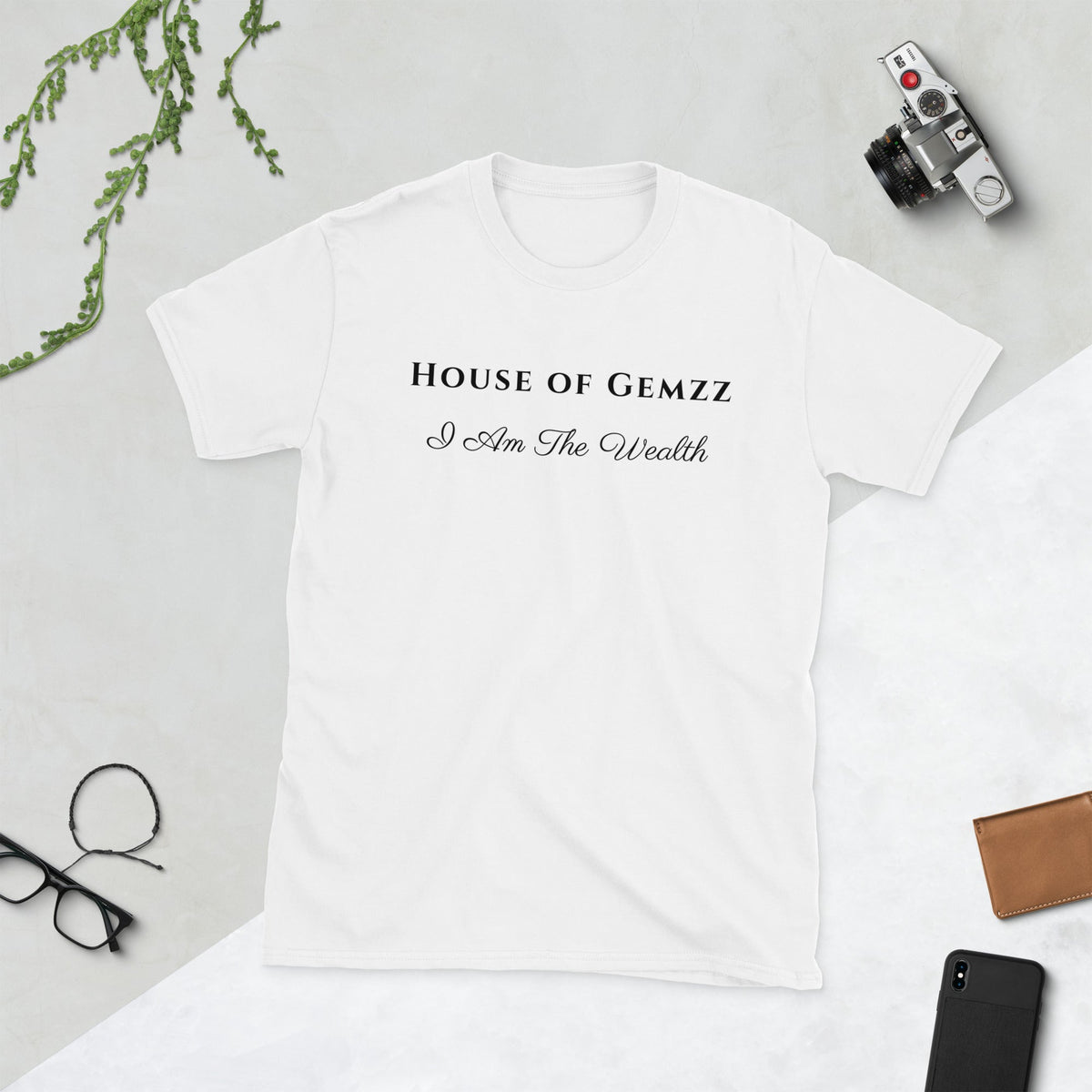 Front product view of the House of Gemzz I Am the Wealth Status Upgrade white tee