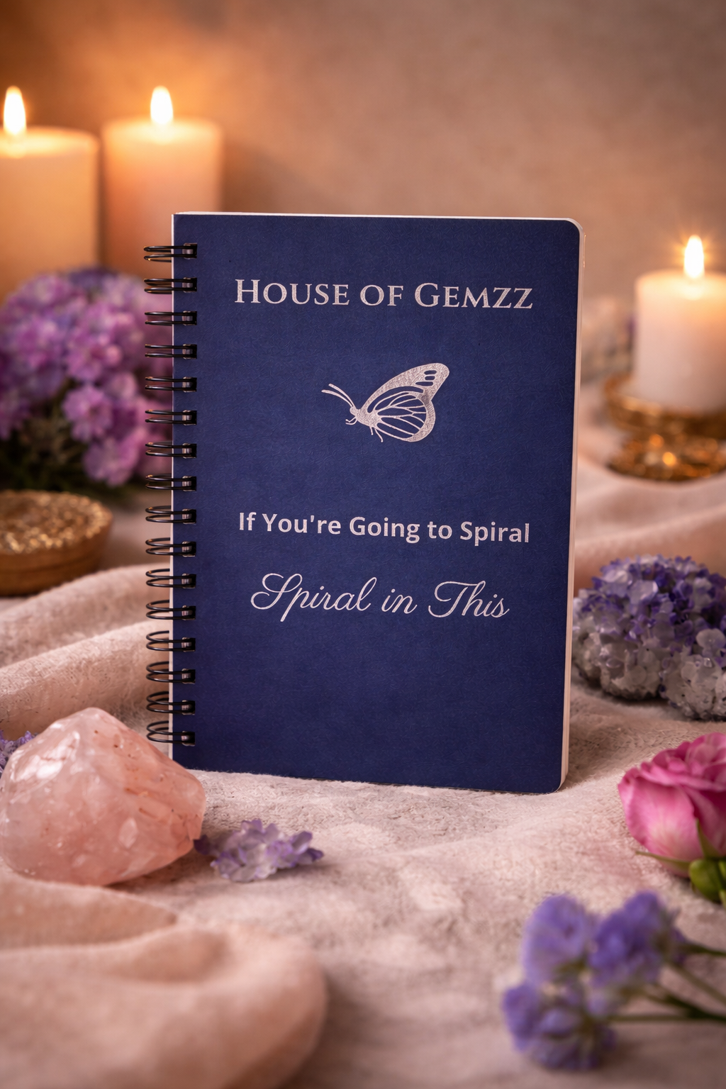 Elegant navy spiral notebook with silver butterfly cover design, modern luxury journaling aesthetic by House of Gemzz
