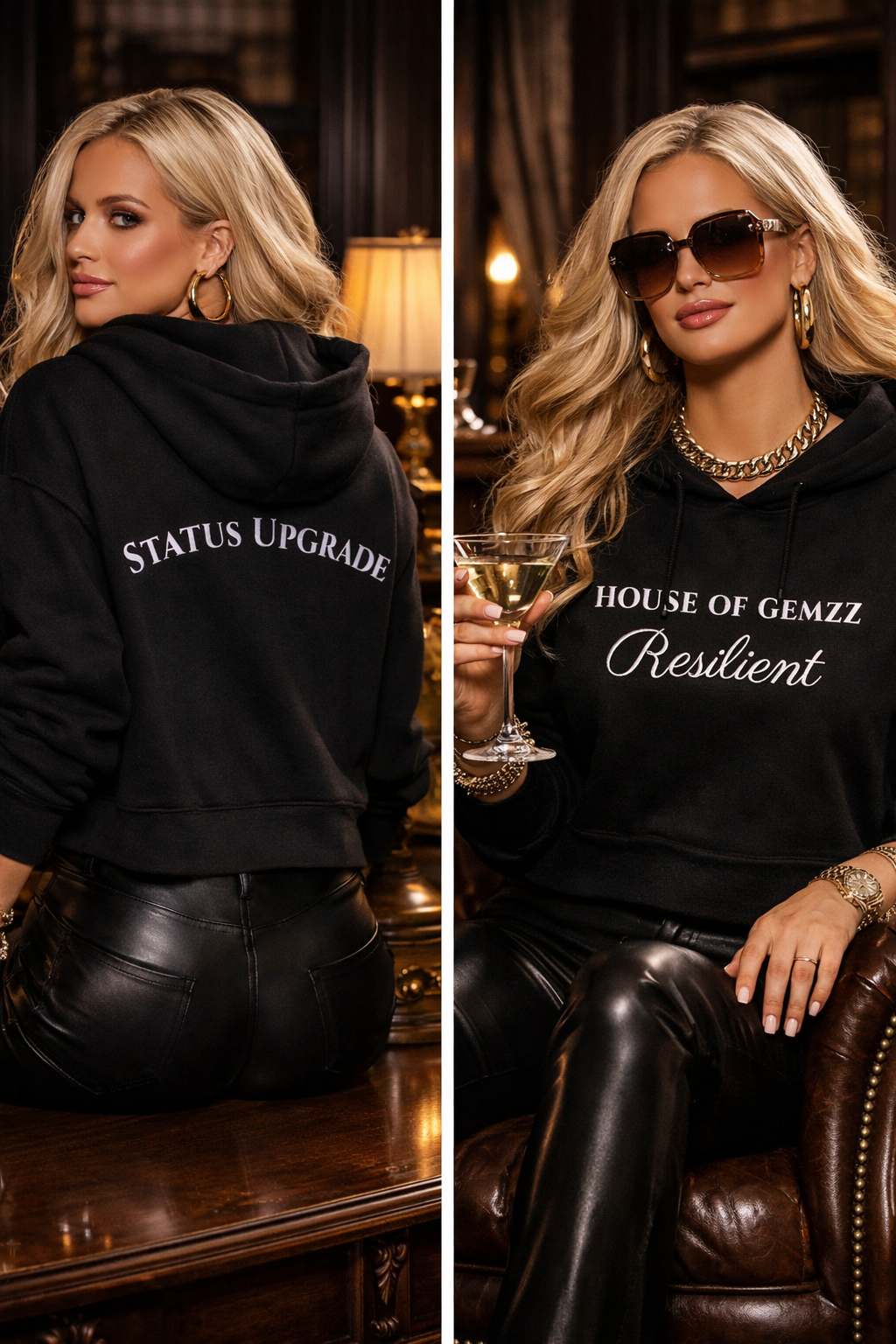 Woman wearing House of Gemzz Resilient hoodie styled in power casual look with tailored blazer and trousers