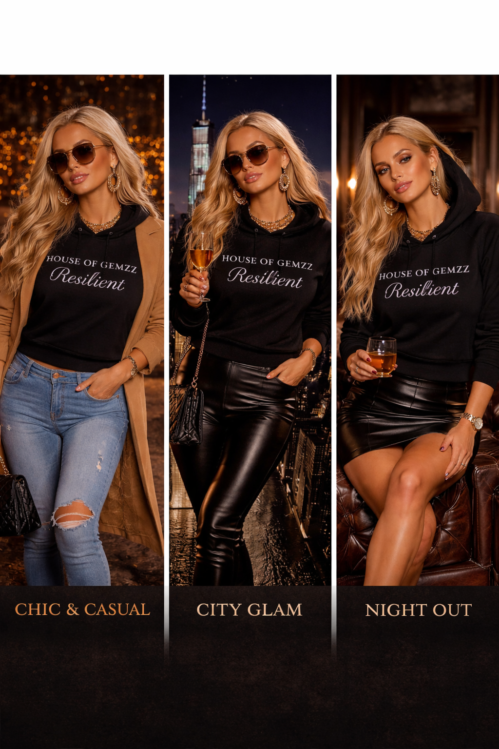 House of Gemzz Resilient black cropped hoodie styled three ways including chic casual, city glam, and night out luxury outfits