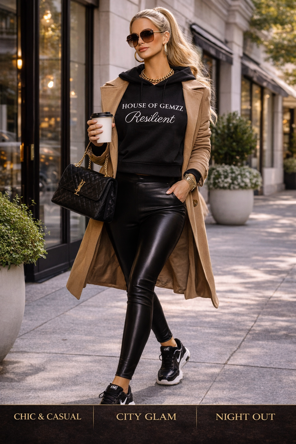 Luxury fashion model in black Resilient hoodie by House of Gemzz paired with couture skirt in editorial setting