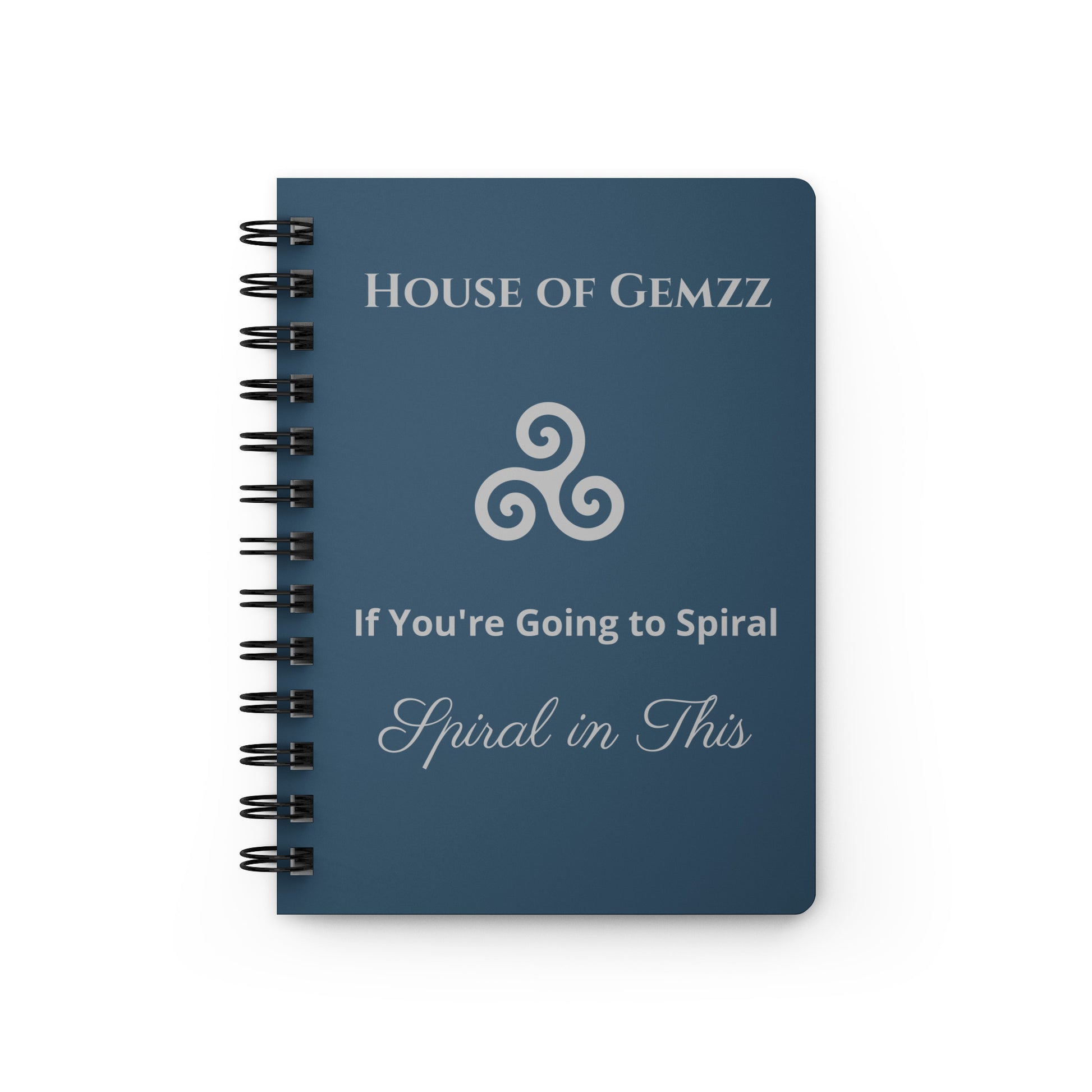 Blue notebook with 'House of Gemzz' branding and text on a white background