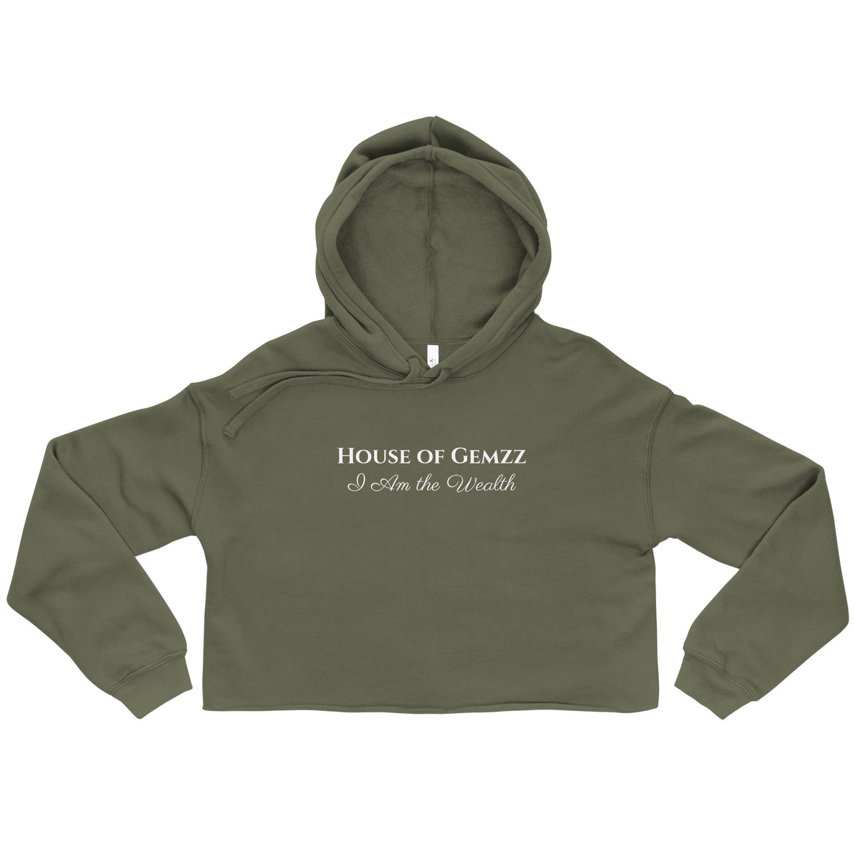 Front product view of the House of Gemzz Status Upgrade I Am the Wealth military green crop hoodie