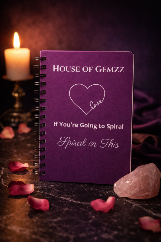 House of Gemzz Tyrian purple spiral journal with silver love design styled with candle, rose petals, and rose quartz for self-love and manifestation rituals