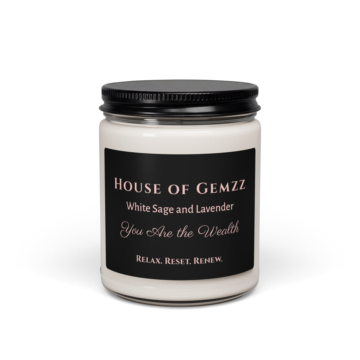 Front view of the House of Gemzz White Sage and Lavender You Are the Wealth 9 oz soy candle