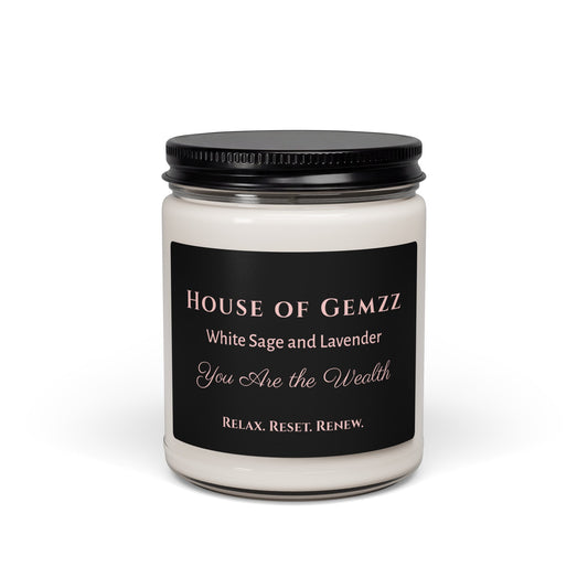 Front view of the House of Gemzz White Sage and Lavender You Are the Wealth 9 oz soy candle