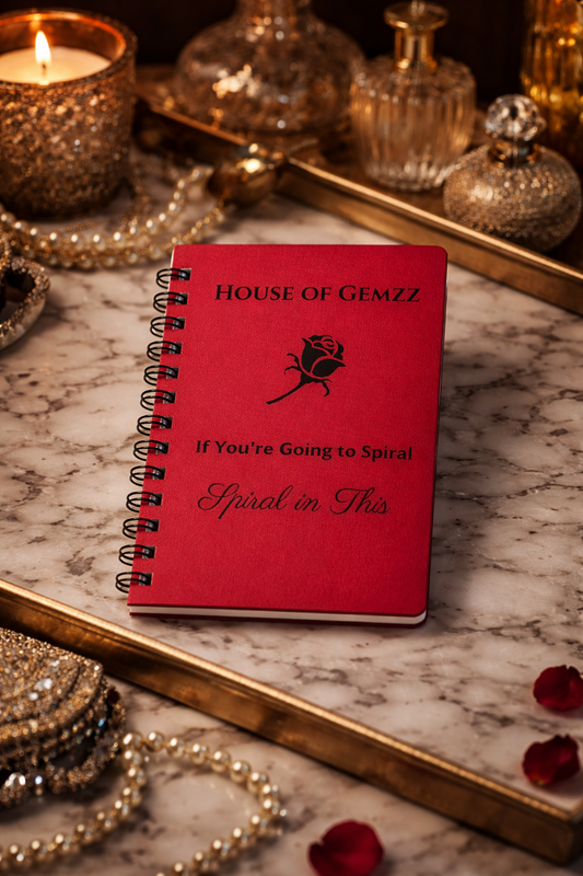 Red notebook with 'House of Gemzz' branding on a marble surface with decorative items.