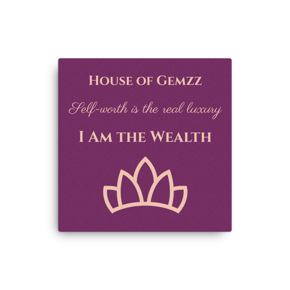 House of Gemzz "I Am the Wealth" luxury affirmation canvas in an elegant vanity setting with warm gallery lighting, inspiring self-worth, confidence, and intentional living.