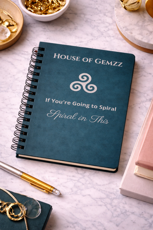 Blue notebook with 'House of Gemzz' branding on a marble surface with decorative items.