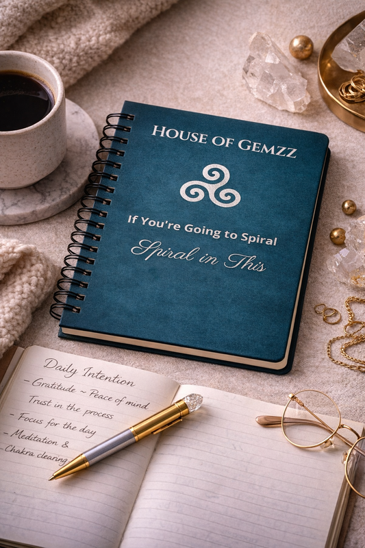 Blue notebook with 'House of Gemzz' branding on a table with coffee, pen, and glasses.