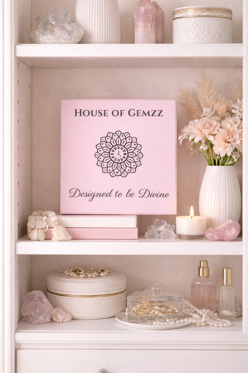 Shelving unit with decorative items and a 'House of Gemzz' sign.House of Gemzz pink canvas wall art displayed on a decorative shelf with luxury vanity decor, crystals, candles, and soft feminine styling