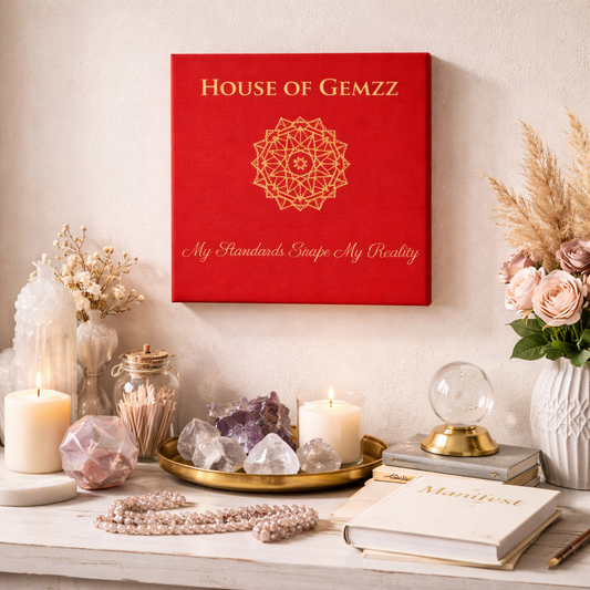 Decorative setup with 'House of Gemzz' box on a shelf with crystals, candles, and books.