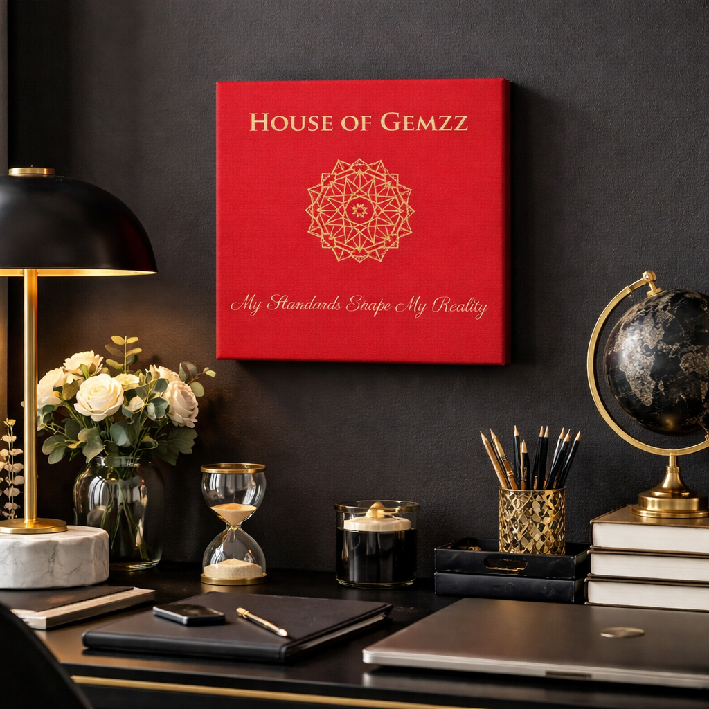 Red book titled 'House of Gemzz' on a dark desk with decorative items.