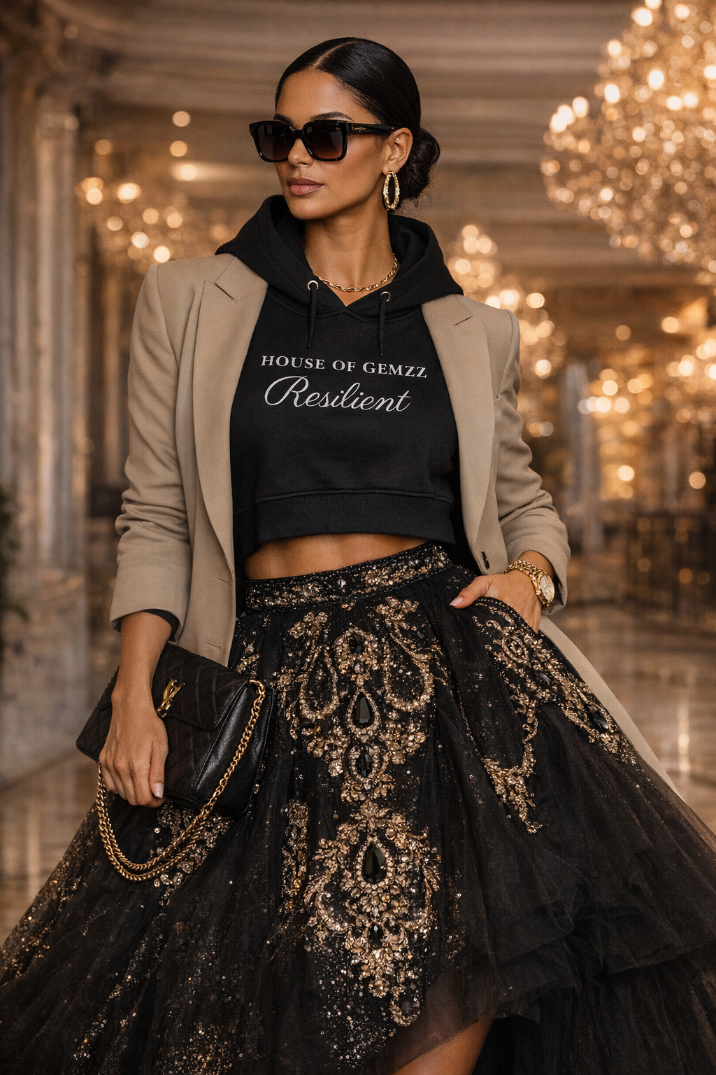 Woman in stylish outfit with embellished skirt in a luxurious setting