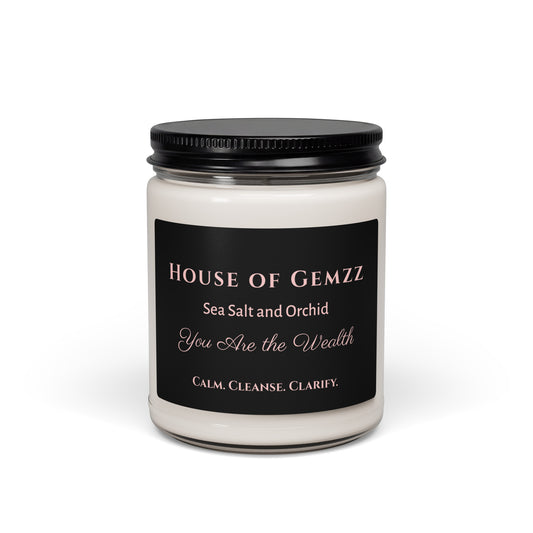 House of Gemzz sacred scents sea salt and orchid scented fragranced luxury ritual candle.  Calm, cleanse, clarify.